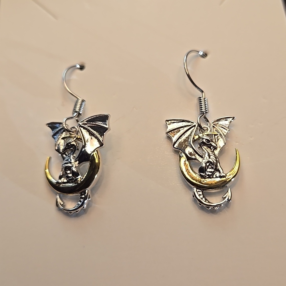 Moon & Dragon Pendant Earrings White Gold Plated Copper - Whimsigoth - Picture 5 of 6